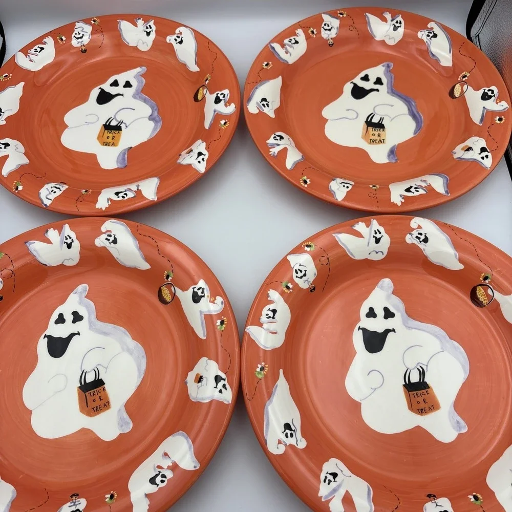 White Barn Candle Co 11 in Plate Set Of 4 Halloween Orange Ghost Trick Or Treat
